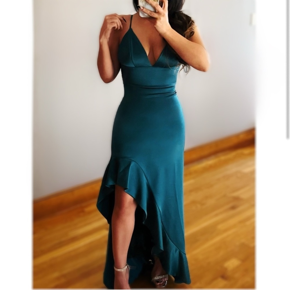 Lulumari Plunging Neckline Ruffle Hem Dress NWT